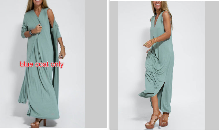 Robe Sans Manches Col en V & Manteau Long Assorti