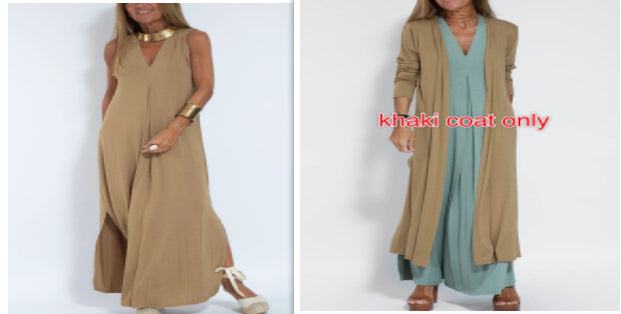 Robe Sans Manches Col en V & Manteau Long Assorti