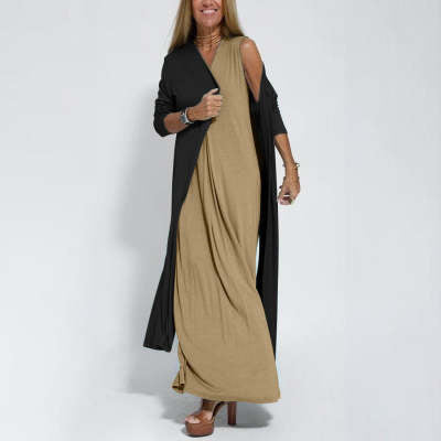 Robe Sans Manches Col en V & Manteau Long Assorti