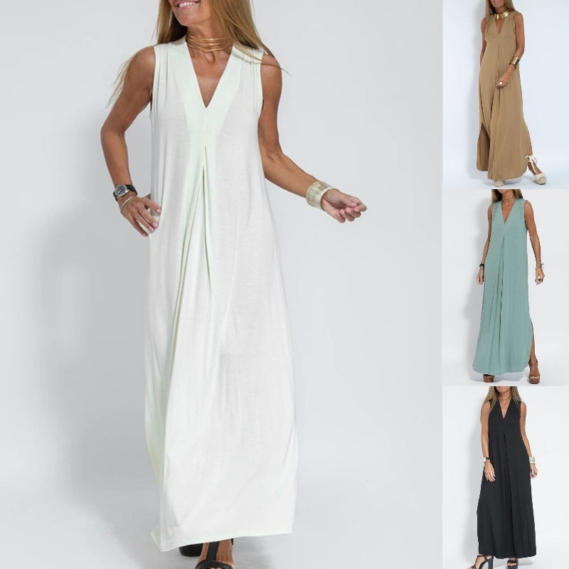 Robe Sans Manches Col en V & Manteau Long Assorti