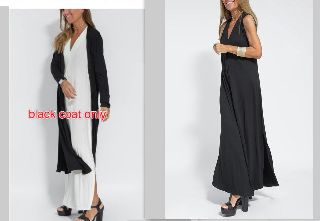 Robe Sans Manches Col en V & Manteau Long Assorti