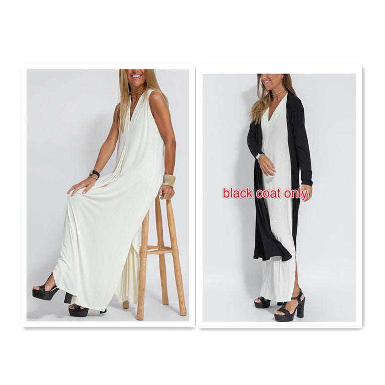 Robe Sans Manches Col en V & Manteau Long Assorti
