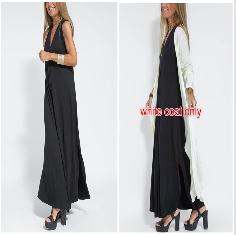 Robe Sans Manches Col en V & Manteau Long Assorti