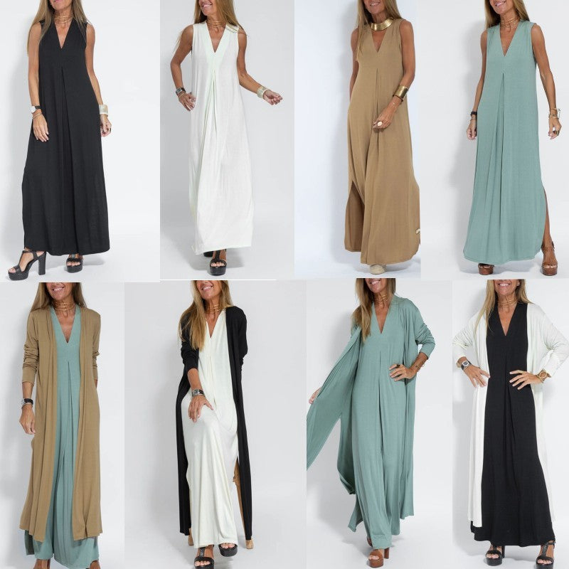 Robe Sans Manches Col en V & Manteau Long Assorti