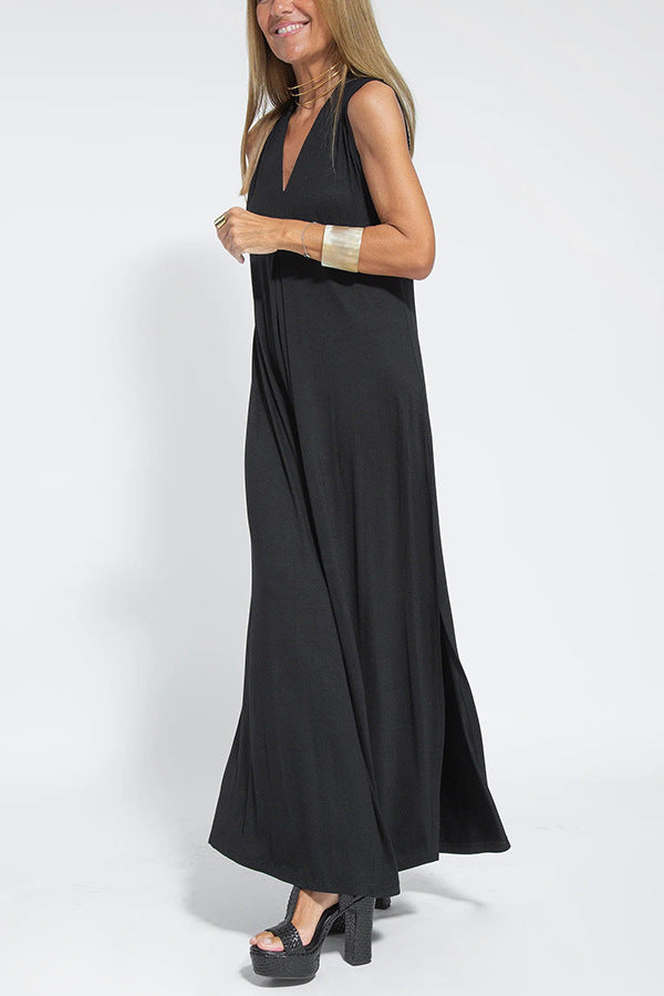 Robe Sans Manches Col en V & Manteau Long Assorti