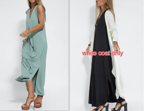 Robe Sans Manches Col en V & Manteau Long Assorti
