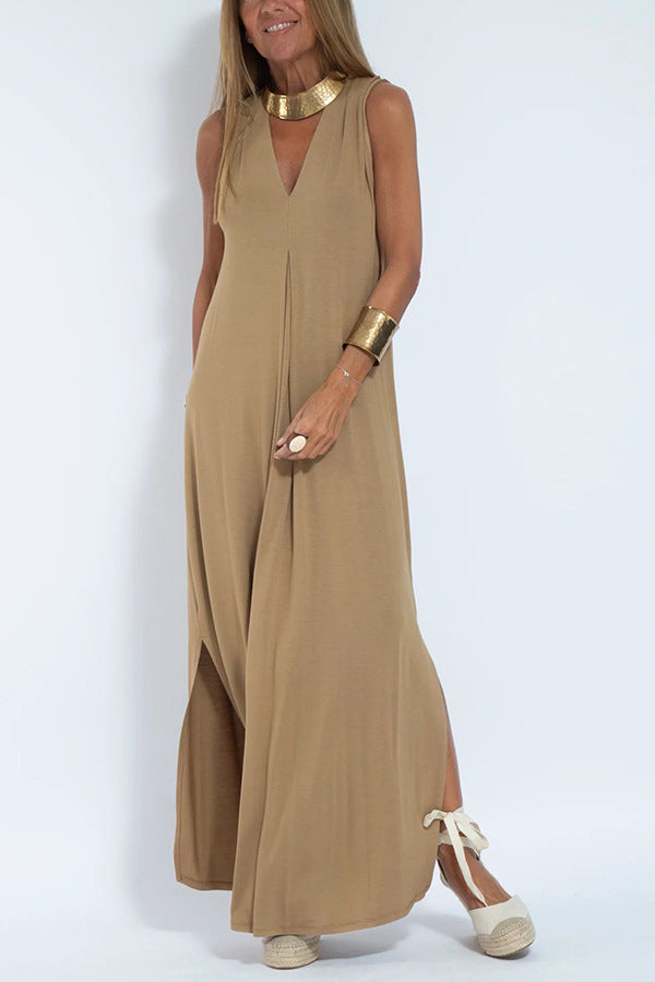 Robe Sans Manches Col en V & Manteau Long Assorti