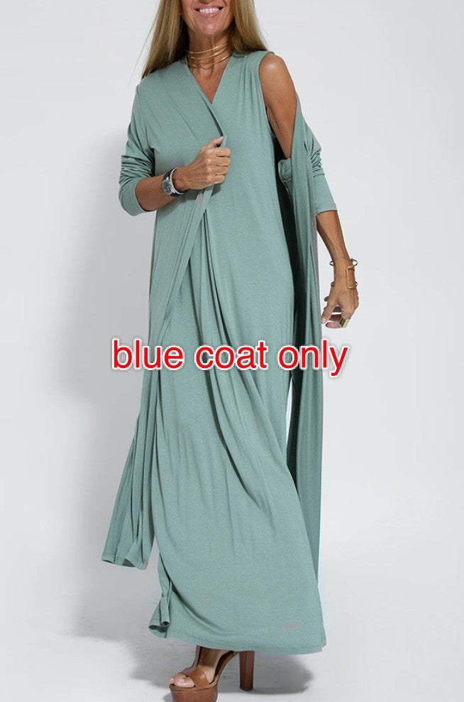 Robe Sans Manches Col en V & Manteau Long Assorti
