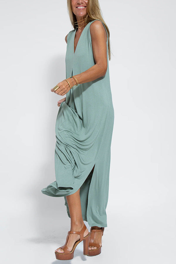 Robe Sans Manches Col en V & Manteau Long Assorti
