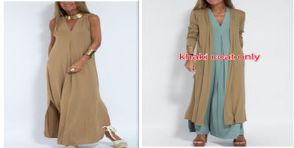 Robe Sans Manches Col en V & Manteau Long Assorti