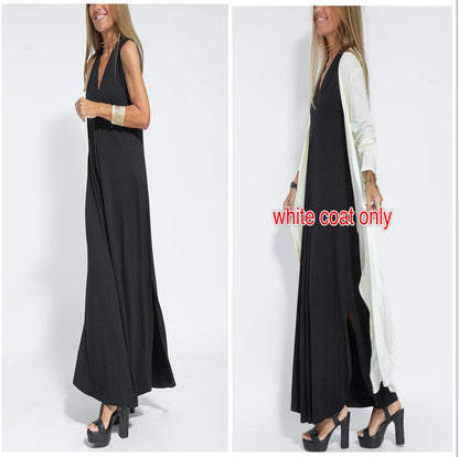 Robe Sans Manches Col en V & Manteau Long Assorti